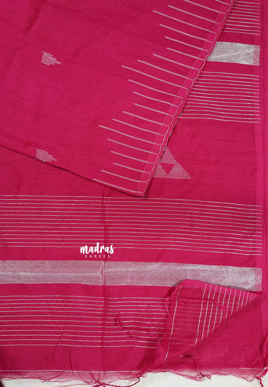 Rani pink - Maheswari - Premium cotton silk with with silver thread temple weaving