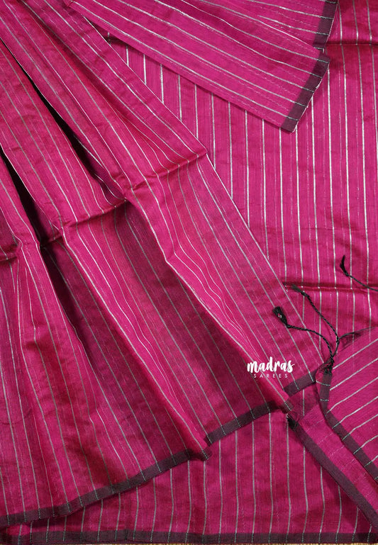 Magenta pink - Maheswari - Premium cotton silk with with silver stripe thread weaving