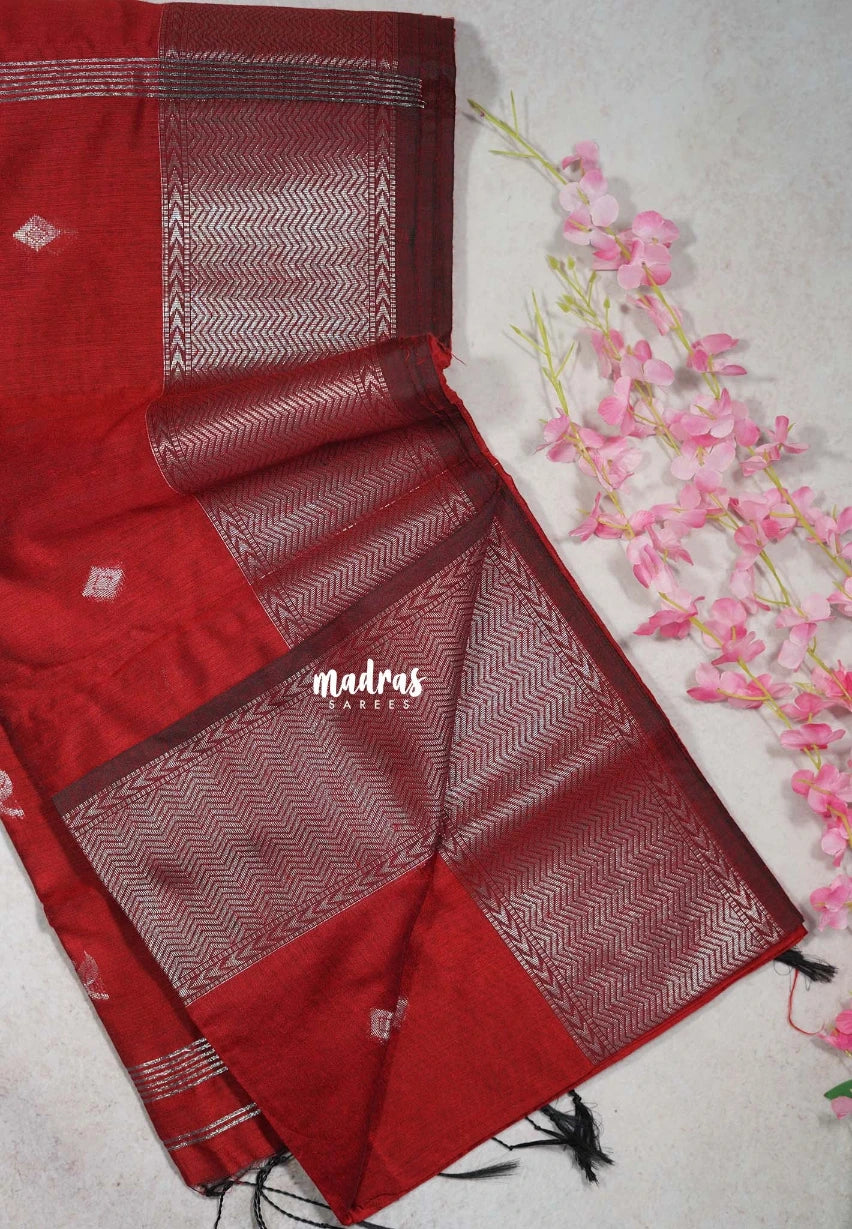 Dark Red - Maheswari - Lightweight Cotton Silk Saree with Getti Border and Buttas - Perfect for Pooja Funtions