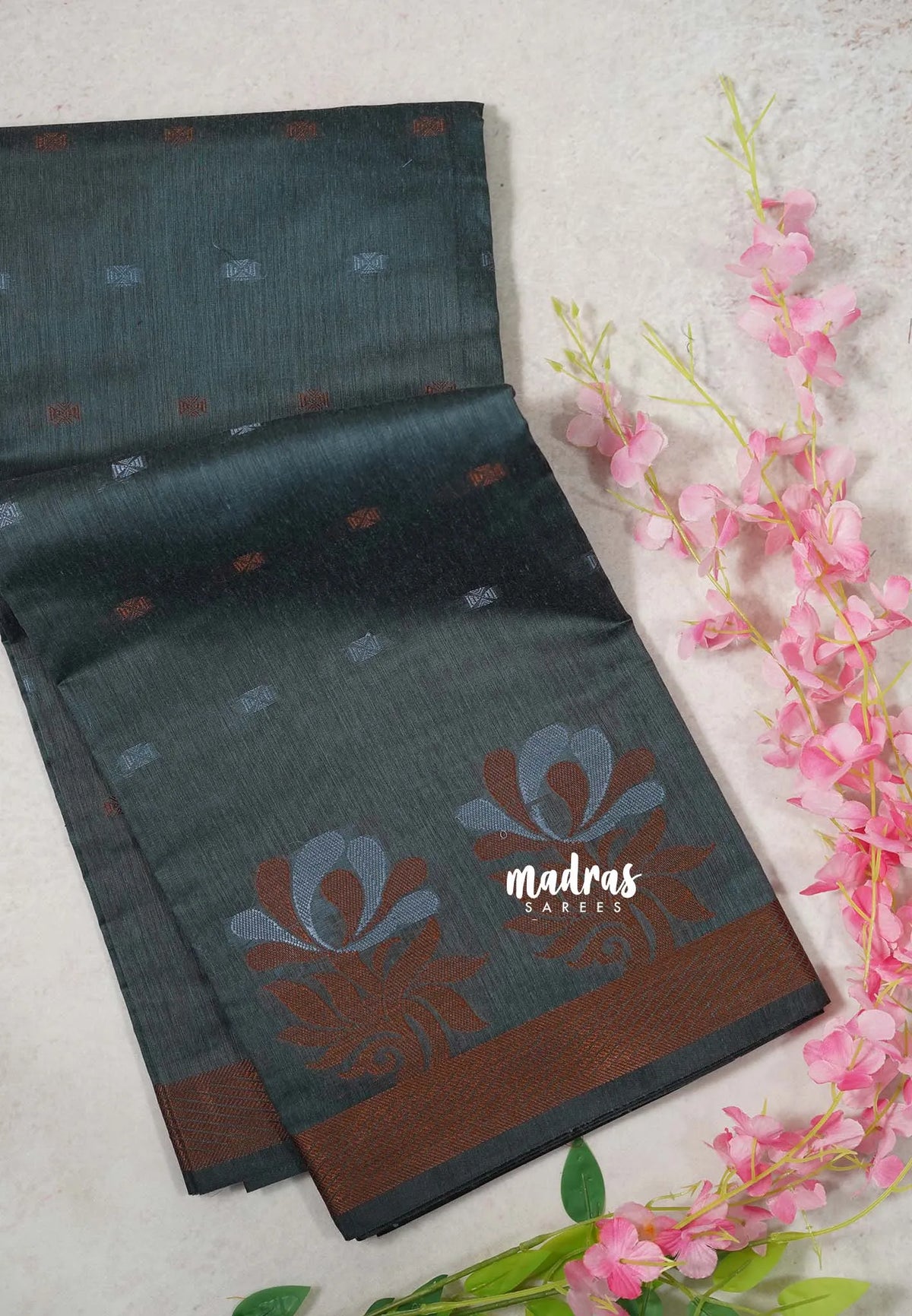 Design 2 Lead Grey - Maheswari - Lightweight cotton silk saree Thread Weaving body with Buttas - Best for Small Functions