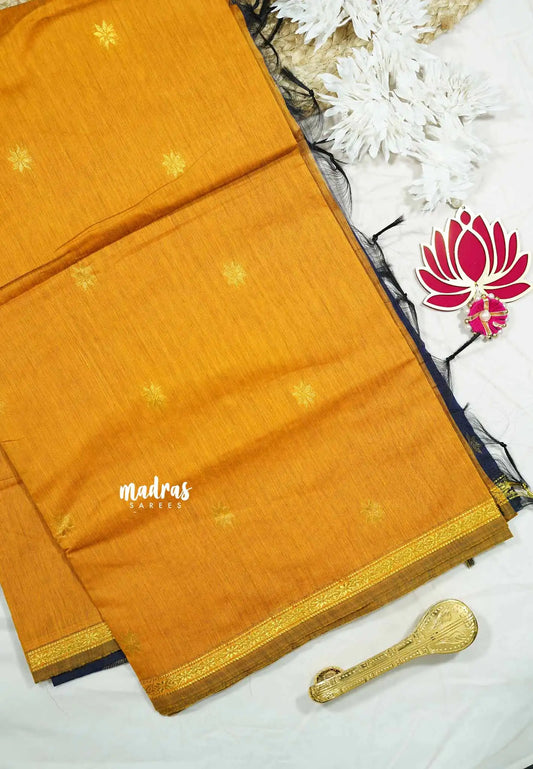 Turmeric yellow - Maheswari - Premium lightweigt cotton silk with contrast pallu and blouse