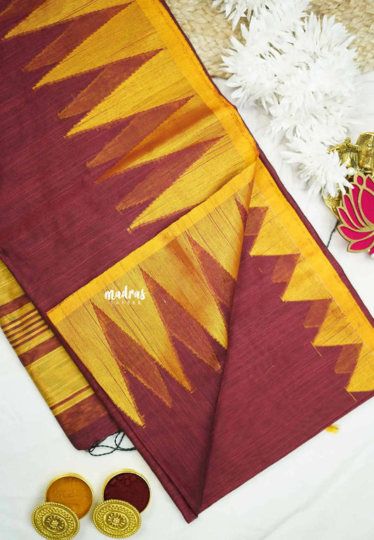 Maheswari - Temple border Cotton silk - Maroon red