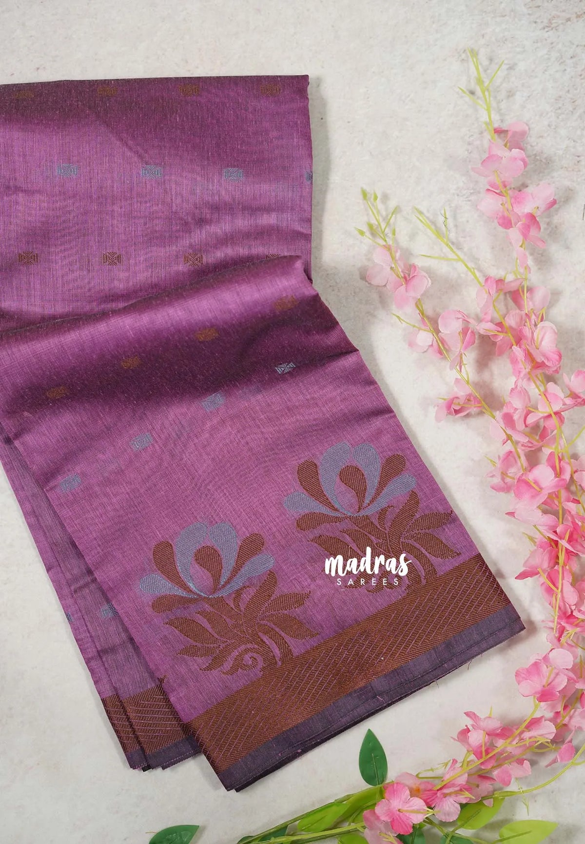 Design 2 Dark Mauve pink - Maheswari - Lightweight cotton silk saree Thread Weaving body with Buttas - Best for Small Functions