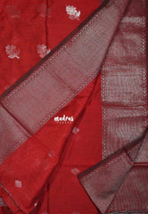 Dark Red - Maheswari - Lightweight Cotton Silk Saree with Getti Border and Buttas - Perfect for Pooja Funtions