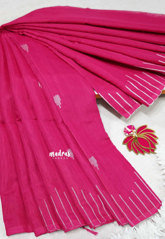 Rani pink - Maheswari - Premium cotton silk with with silver thread temple weaving