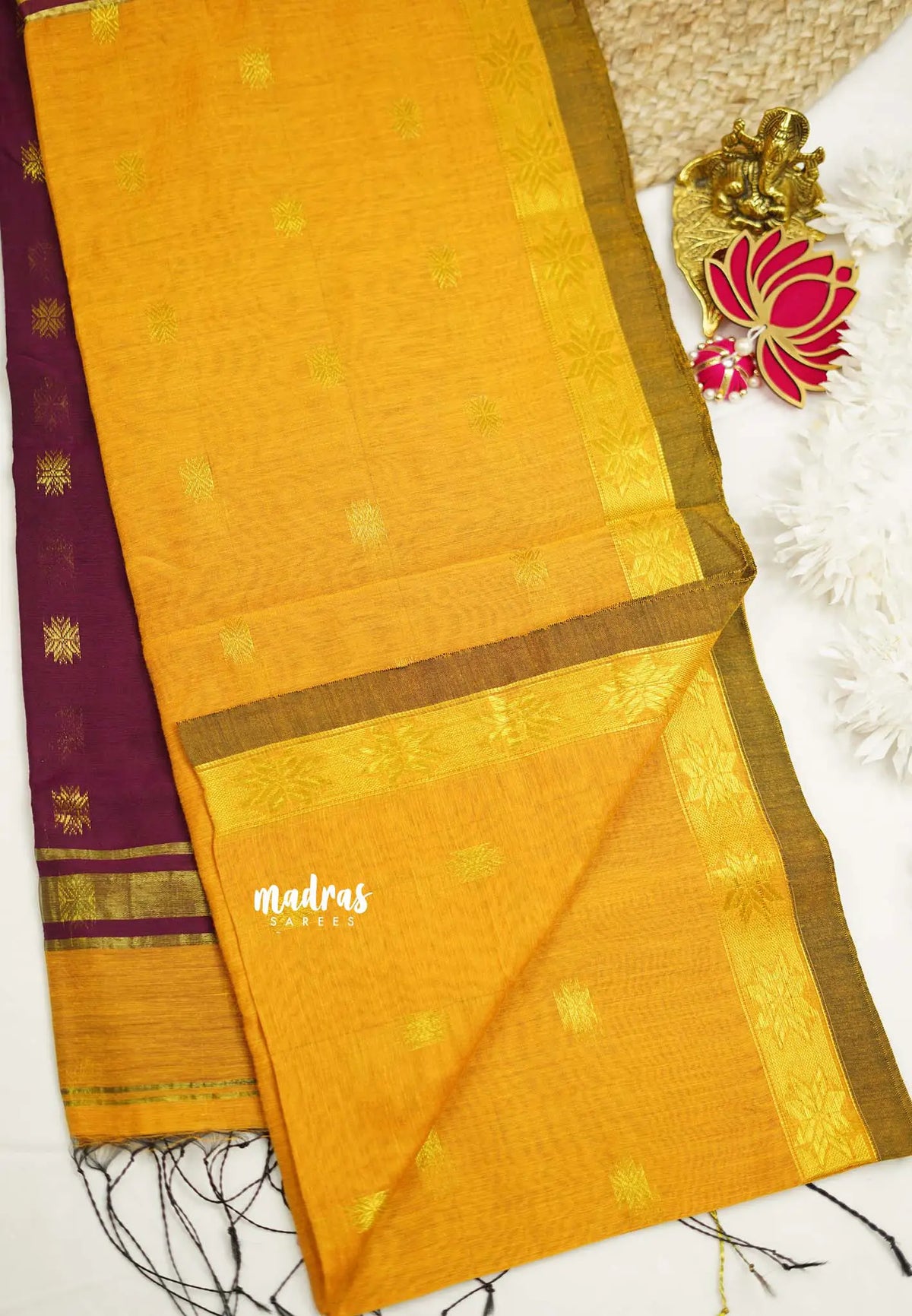 Maheswari - Mustard yellow with magenta cotton silk with buttas