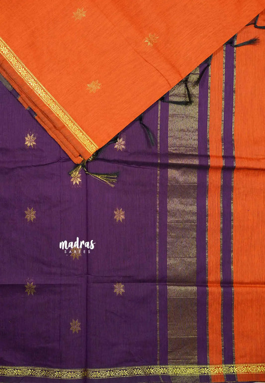 Orange - Maheswari - Premium lightweigt cotton silk with contrast pallu and blouse
