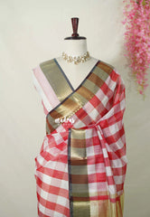 White with Red - Maheswari - Lightweight cotton Silk Saree Big Checks Body with Zari Border - Best for Small Funcitons