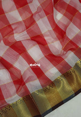 White with Red - Maheswari - Lightweight cotton Silk Saree Big Checks Body with Zari Border - Best for Small Funcitons