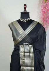 Jet Black -  Maheswari - Premium Lightweight Cotton Silk with Rudraksham Border - Perfect for Festive Wear