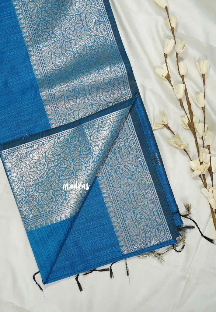 Peacock Blue - Maheswari - Lightweight cotton silk saree grooves with big mango getti border  - Perfect for Small Functions