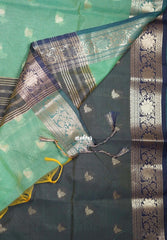 Aqua Green - Maheswari - Lightweight Cotton Silk Saree with Flower Border  - Perfect for Small Functions
