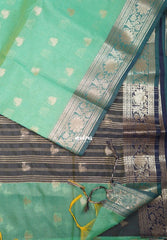 Aqua Green - Maheswari - Lightweight Cotton Silk Saree with Flower Border  - Perfect for Small Functions
