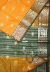 Orangish Yellow - Maheswari - Lightweight Cotton Silk Saree with Leaf Border  - Perfect for Small Functions