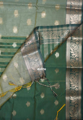 Sage Green - Maheswari - Lightweight Cotton Silk Saree with Leaf Border  - Perfect for Small Functions