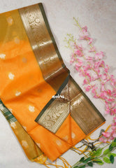 Orangish Yellow - Maheswari - Lightweight Cotton Silk Saree with Leaf Border  - Perfect for Small Functions
