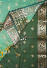 Aqua Green - Maheswari - Lightweight Cotton Silk Saree with Leaf Border  - Perfect for Small Functions