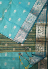 Sky Blue - Maheswari - Lightweight Cotton Silk Saree with Leaf Border  - Perfect for Small Functions