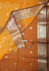 Orangish Yellow-D2 - Maheswari - Lightweight Cotton Silk Saree with Flower Border  - Perfect for Small Functions
