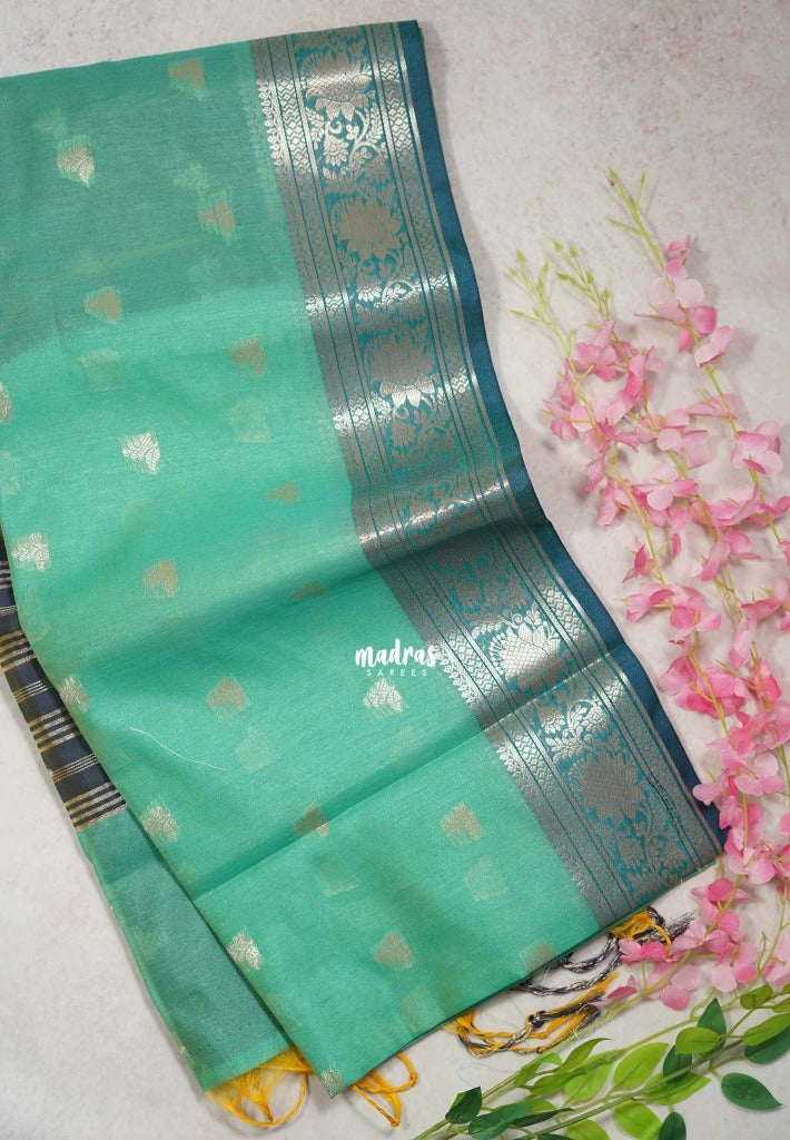 Aqua Green - Maheswari - Lightweight Cotton Silk Saree with Leaf Border  - Perfect for Small Functions