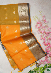 Orangish Yellow - Maheswari - Lightweight Cotton Silk Saree with Flower Border  - Perfect for Small Functions