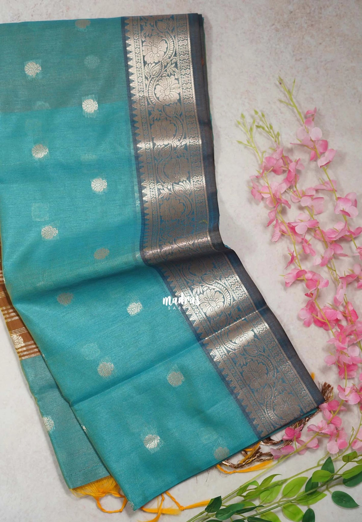 Sky Blue-D2 - Maheswari - Lightweight Cotton Silk Saree with Flower Border  - Perfect for Small Functions