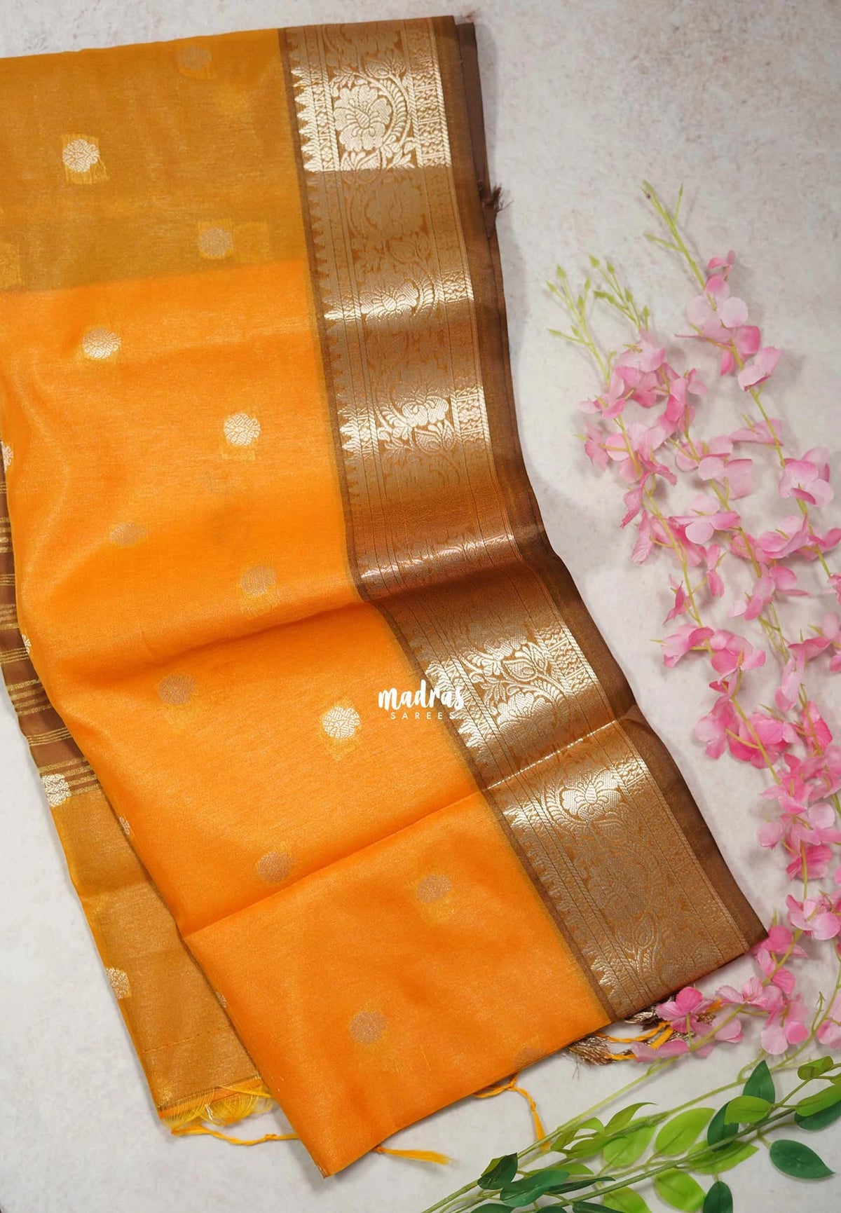 Orangish Yellow-D2 - Maheswari - Lightweight Cotton Silk Saree with Flower Border  - Perfect for Small Functions
