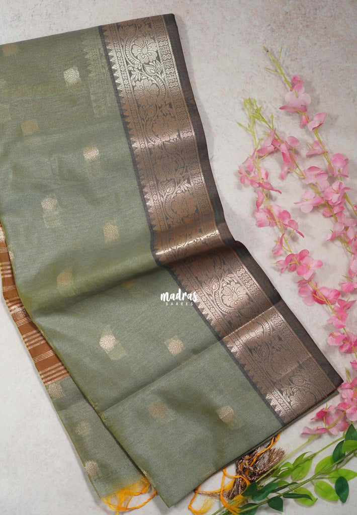 Sage Green-D2 - Maheswari - Lightweight Cotton Silk Saree with Flower Border  - Perfect for Small Functions