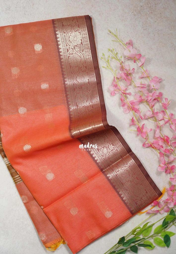 Peach Orange-D2 - Maheswari - Lightweight Cotton Silk Saree with Flower Border  - Perfect for Small Functions