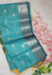 Sky Blue - Maheswari - Lightweight Cotton Silk Saree with Leaf Border  - Perfect for Small Functions