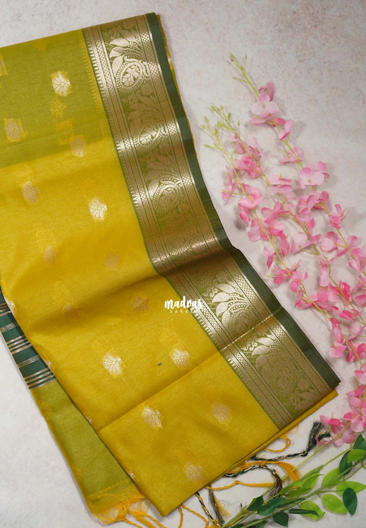 Yellowish Green - Maheswari - Lightweight Cotton Silk Saree with Leaf Border  - Perfect for Small Functions