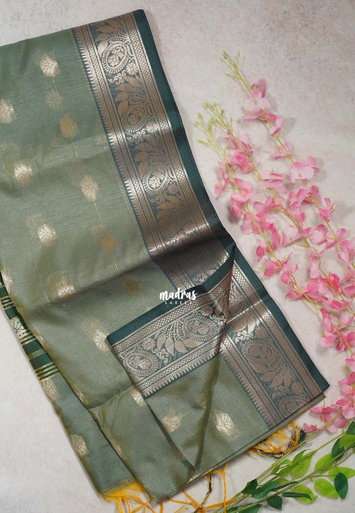 Sage Green - Maheswari - Lightweight Cotton Silk Saree with Leaf Border  - Perfect for Small Functions
