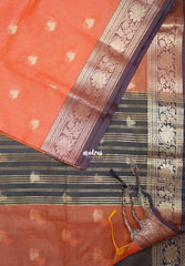 Peach Orange - Maheswari - Lightweight Cotton Silk Saree with Flower Border  - Perfect for Small Functions