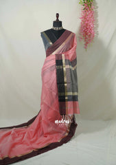Lotus Peach - Maheswari - Lightweight Cotton Silk Saree Horizonatl Stripes with Skirt Border - Perfect for Small Functions