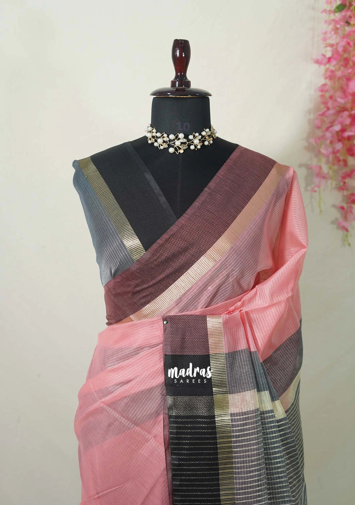 Lotus Peach - Maheswari - Lightweight Cotton Silk Saree Horizonatl Stripes with Skirt Border - Perfect for Small Functions