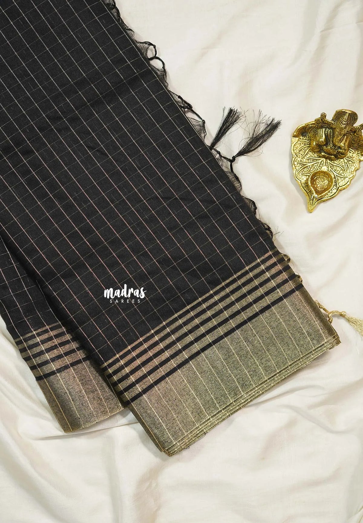 Jet Black - Maheswari - Cotton silk saree with checks body  - Perfect for Office Wear