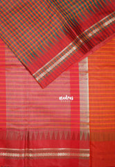 Orange & Green -  Maheswari - Premium Lightweight Cotton Silk with Checks and Weaving Border - Perfect for Festive Wear