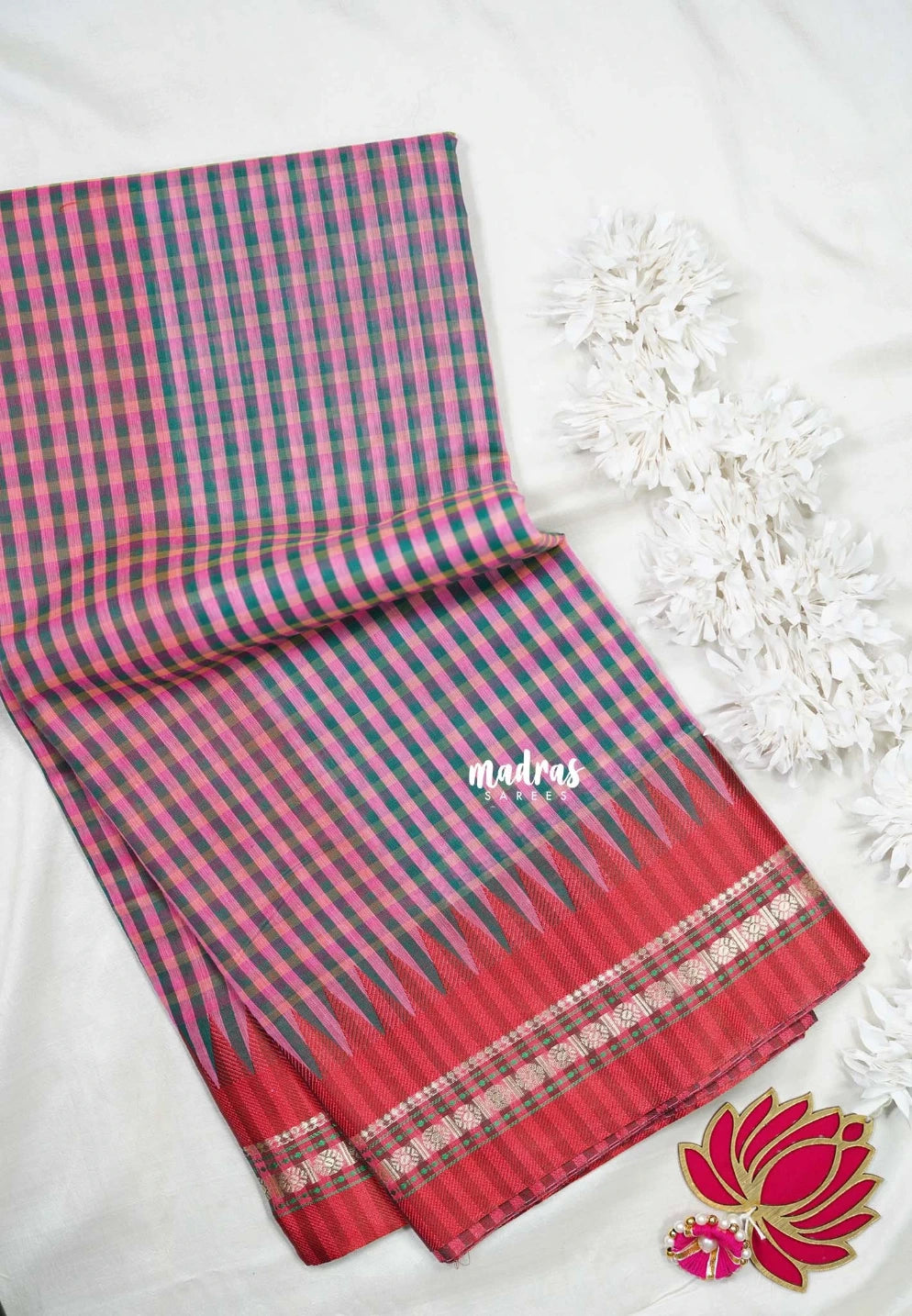 Pink & Green -  Maheswari - Premium Lightweight Cotton Silk with Checks and Weaving Border - Perfect for Festive Wear