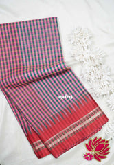 Pink & Green -  Maheswari - Premium Lightweight Cotton Silk with Checks and Weaving Border - Perfect for Festive Wear