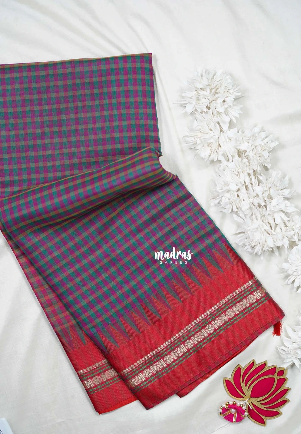 Magenta & Green -  Maheswari - Premium Lightweight Cotton Silk with Checks and Weaving Border - Perfect for Festive Wear
