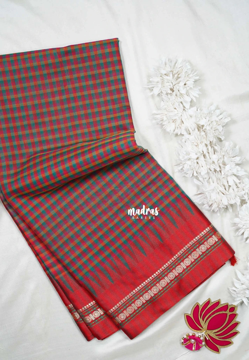 Red & Green -  Maheswari - Premium Lightweight Cotton Silk with Checks and Weaving Border - Perfect for Festive Wear