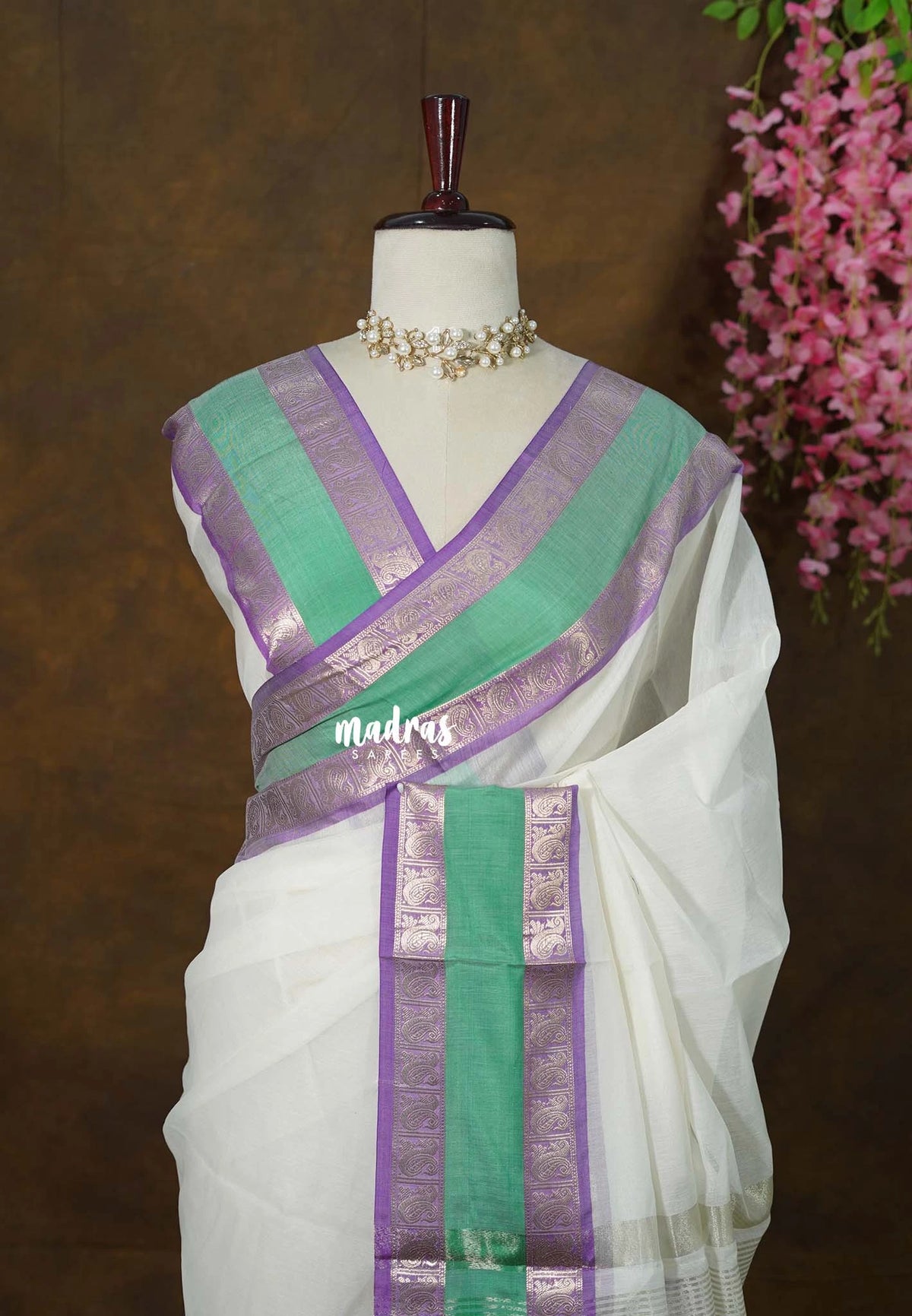 Ivory White -  Maheswari - Premium Lightweight Cotton Silk with Rettapet Border - Perfect for Festive Wear