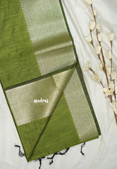 Olive Green - Maheswari - Lightweight cotton silk saree grooves with small mango getti border  - Perfect for Small Functions