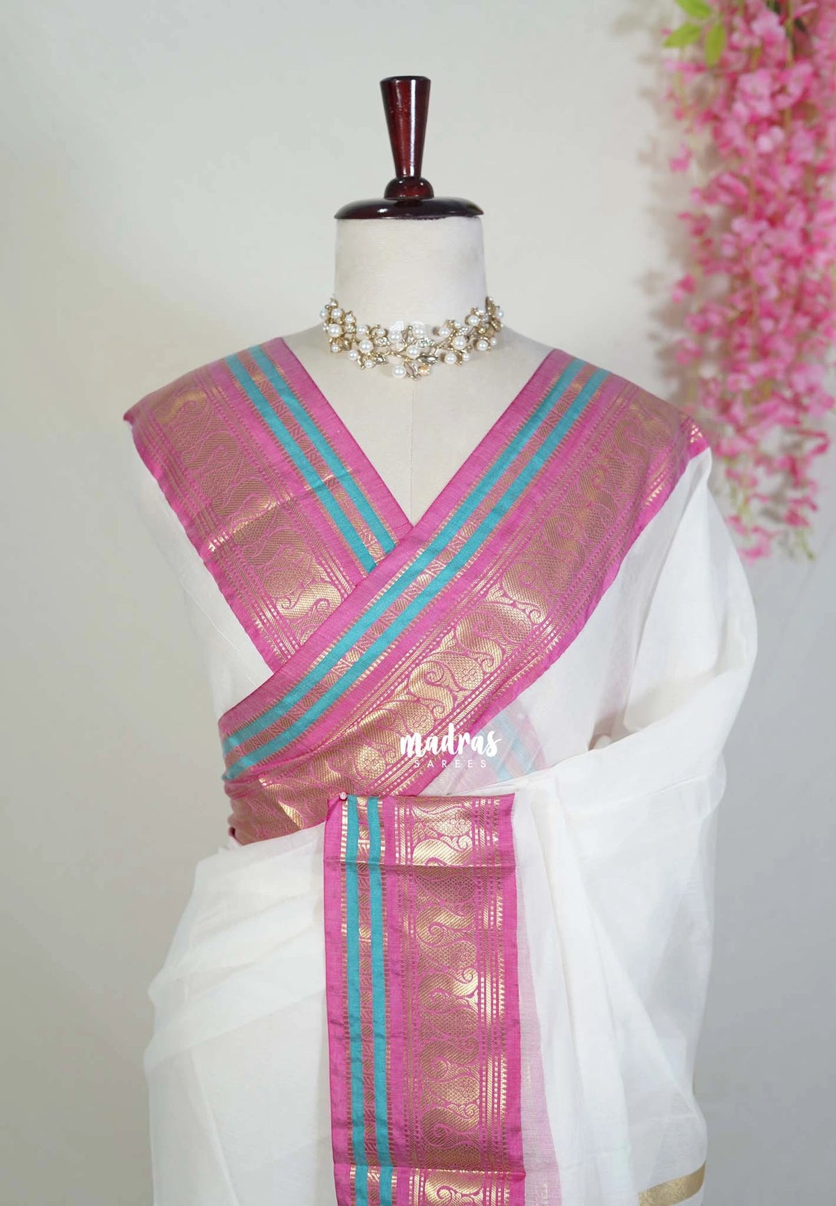 Ivory White -  Maheswari - Premium Lightweight Cotton Silk with Traditional Border - Perfect for Festive Wear