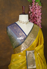 Yellowish Green - Maheswari - Lightweight Cotton Silk Saree with Floral Border  - Perfect for Small Functions