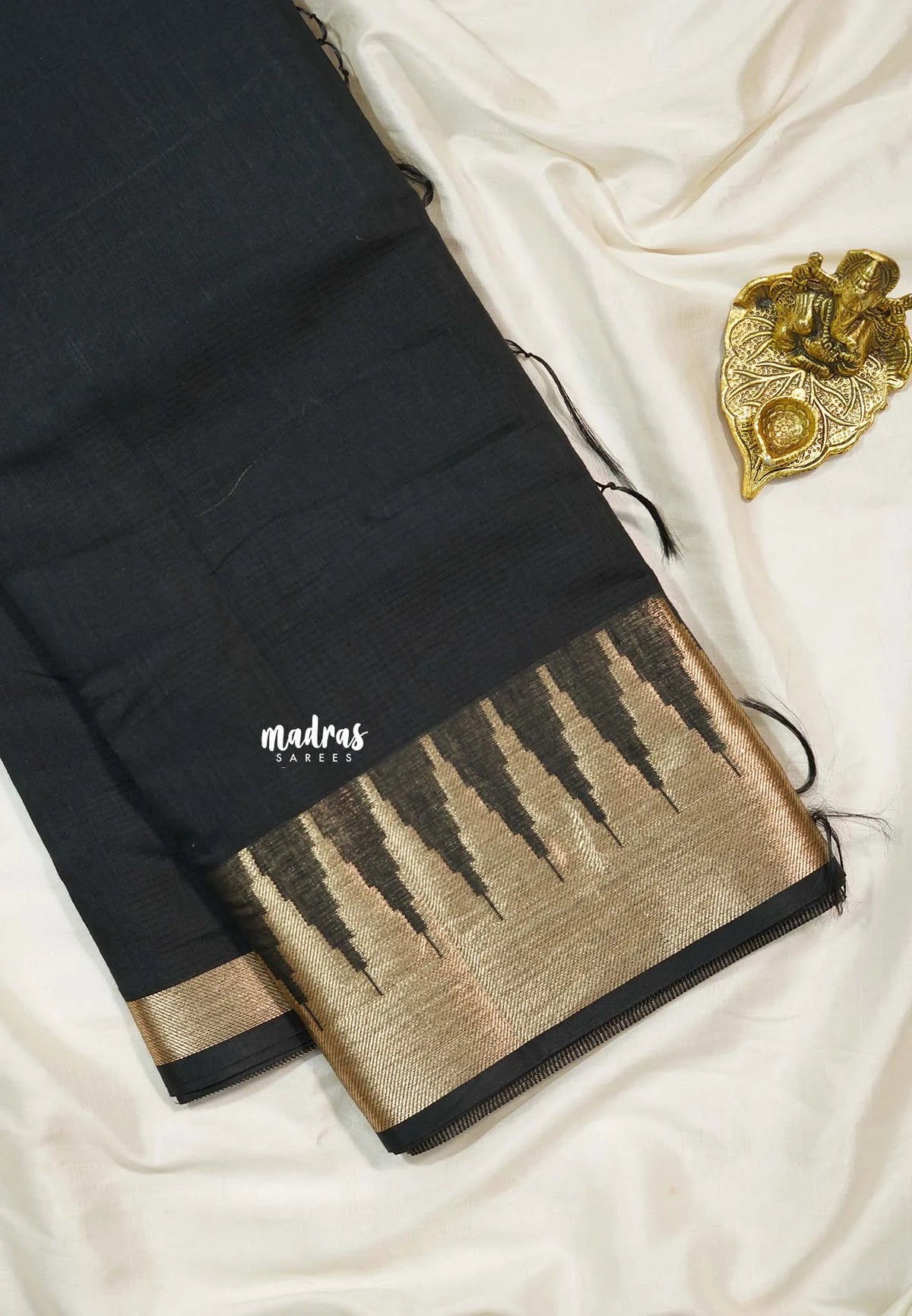 Jet Black - Maheswari - Lightweight cotton silk saree with temple border  - Perfect for Small Functions