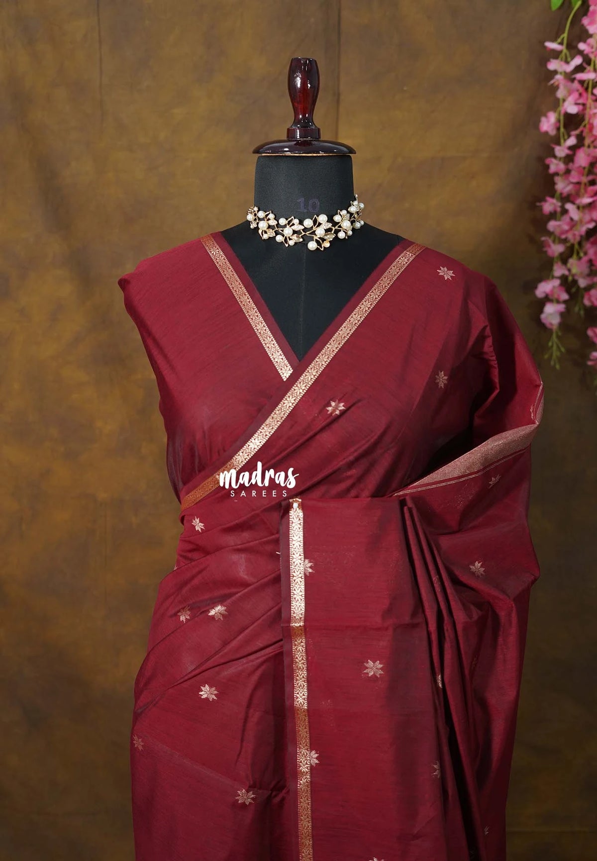 Araku Maroon -  Maheswari - Premium Lightweight cotton silk with Tiny zari border with Buttas - Perfect for Festive Wear