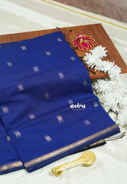 MS Blue - Maheswari - Premium lightweigt cotton silk with contrast pallu and blouse