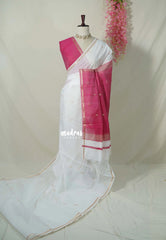 Pearl White - Maheswari - Premium Lightweight Cotton Silk with Tiny Zari Border with Buttas - Perfect for Festive Wear