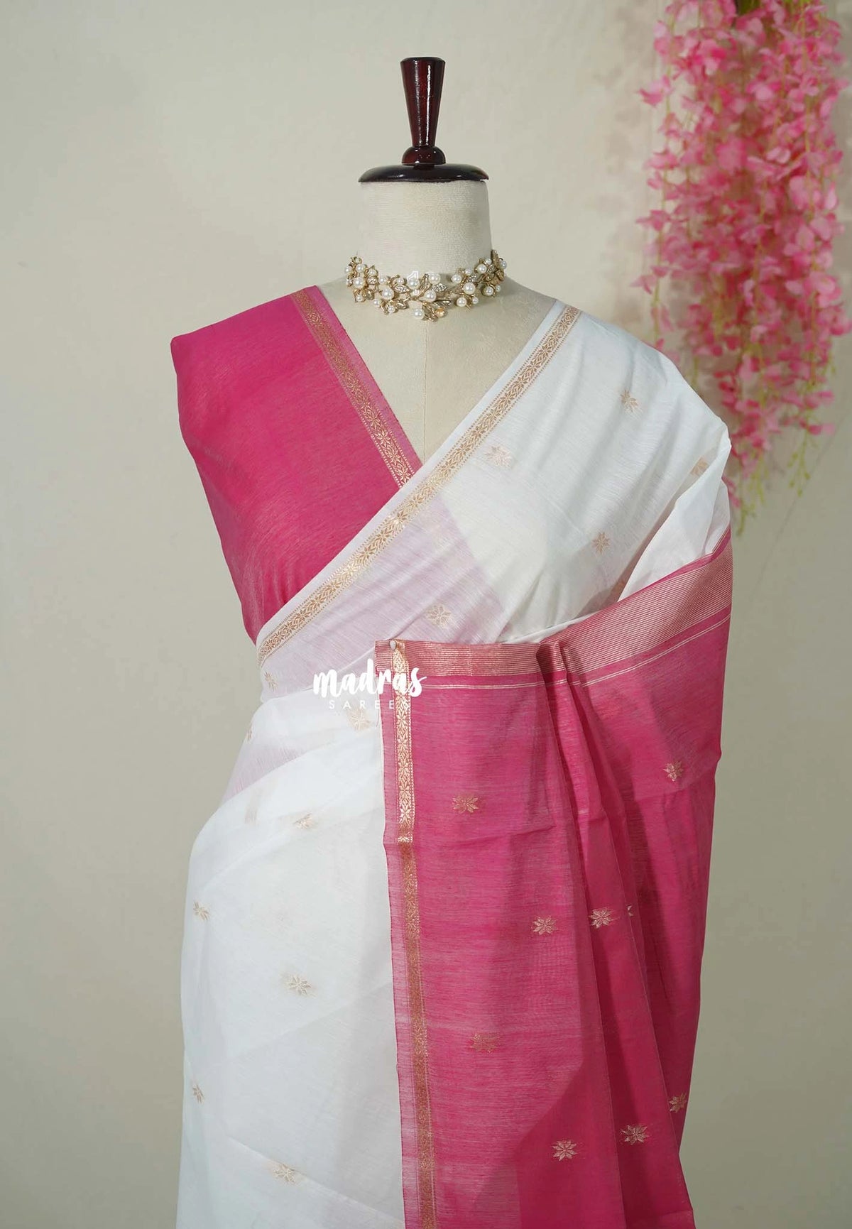 Pearl White - Maheswari - Premium Lightweight Cotton Silk with Tiny Zari Border with Buttas - Perfect for Festive Wear
